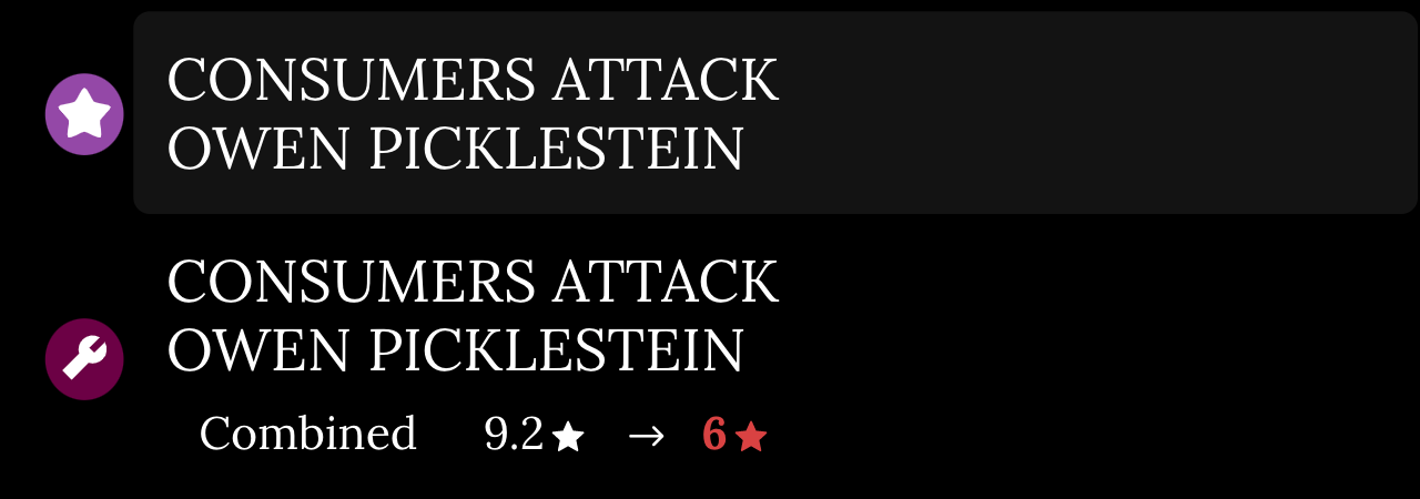 An image stating that on Day 101 in the match between the Boston Flowers and the Tokyo Lift, Owen Picklestein was attacked by Consumers.