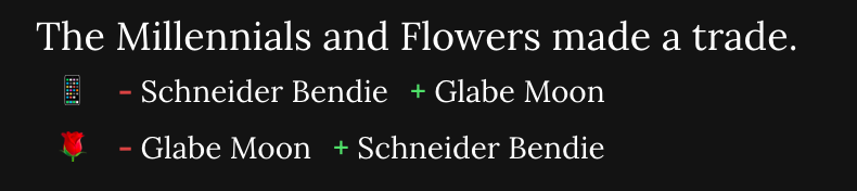 An image showing the Millenials making a trade with the Flowers, exchanging Schneider Bendie for Glabe moon.