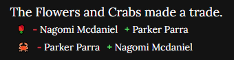 An image showing the Crabs making a trade with the Flowers, exchanging Parker Parra for Nagomi McDaniel.