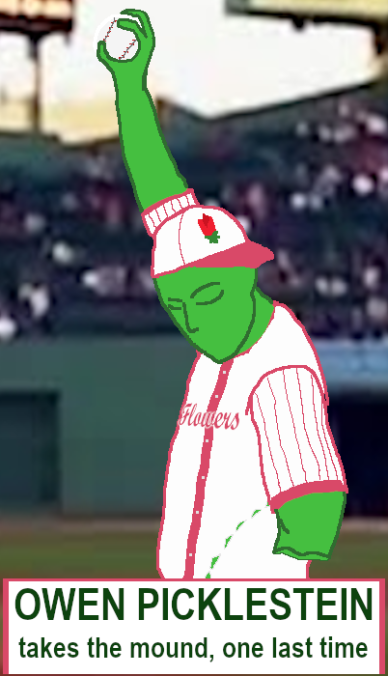 An image depicting Owen Picklestein, who appears to be a green humanoid figure wearing a standard baseball outfit bearing the logo for the Boston Flowers. Owen Picklestein’s left arm is missing just below the elbow and they have their right arm raised. Owen is holding a baseball in their right hand.