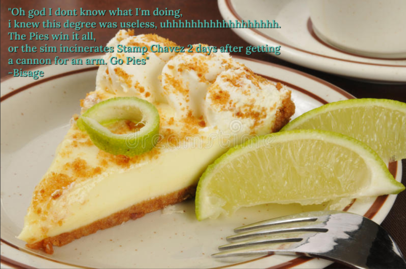 Oh god I dont know what I'm doing, i knew this degree was useless, uhhhhhhhhhhhhhhhhhh. The Pies win it all, or the sim incinerates Stamp Chavez 2 days after getting a cannon for an arm. Go Pies" over a photo of a key lime pie