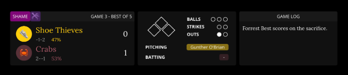 Game 3 of the season 10 Internet Series between the Shoe Thieves and Crabs. The Crabs have two wins and negative one losses, and the game has entered SHAME. The game log states that Forrest Best has just scored on the sacrifice, bringing the game score to 0-1 in favor of the Crabs.