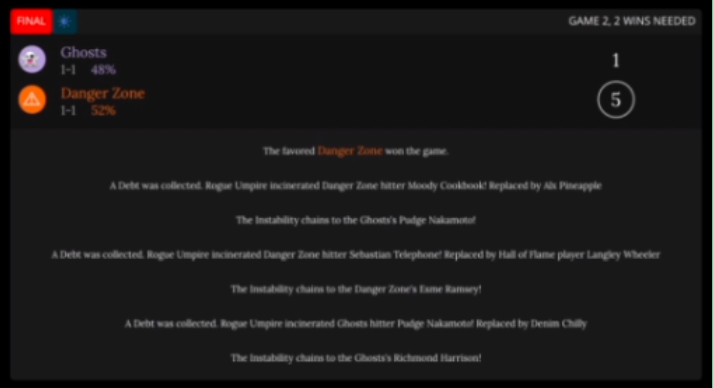 A very poor quality screenshot of game 2 between the Danger Zone and Tsushima Ghosts. The Ghosts have won the game, 5-1, and were favored 52%. The post-game text tells of three debts being collected: Moody Cookbook replaced by Alx Pineapple (instability chains to the Ghosts’ Pudge Nakamoto), Sebastian Telephone, a Squiddish player, replaced by Langley Wheeler (Instability chains to the Danger Zone’s Esme Ramsey) and Pudge Nakamoto, replaced by Denim Chilly (instability chains to the Ghosts’ Richmond Harrison).